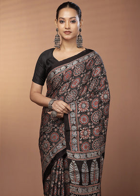 Black Printed Pure Silk Saree Without Blouse Piece