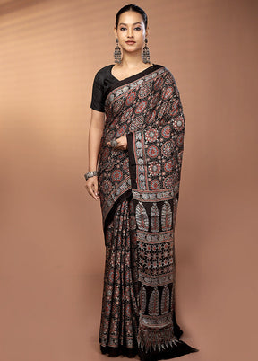 Black Printed Pure Silk Saree Without Blouse Piece