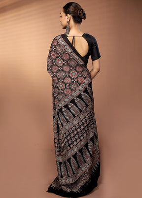 Black Printed Pure Silk Saree Without Blouse Piece