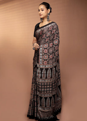 Black Printed Pure Silk Saree Without Blouse Piece