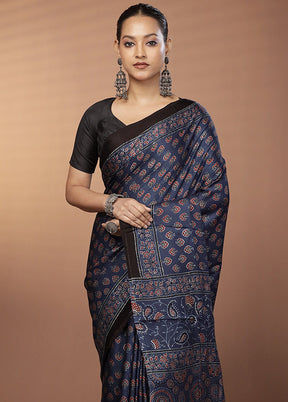 Blue Printed Pure Silk Saree Without Blouse Piece