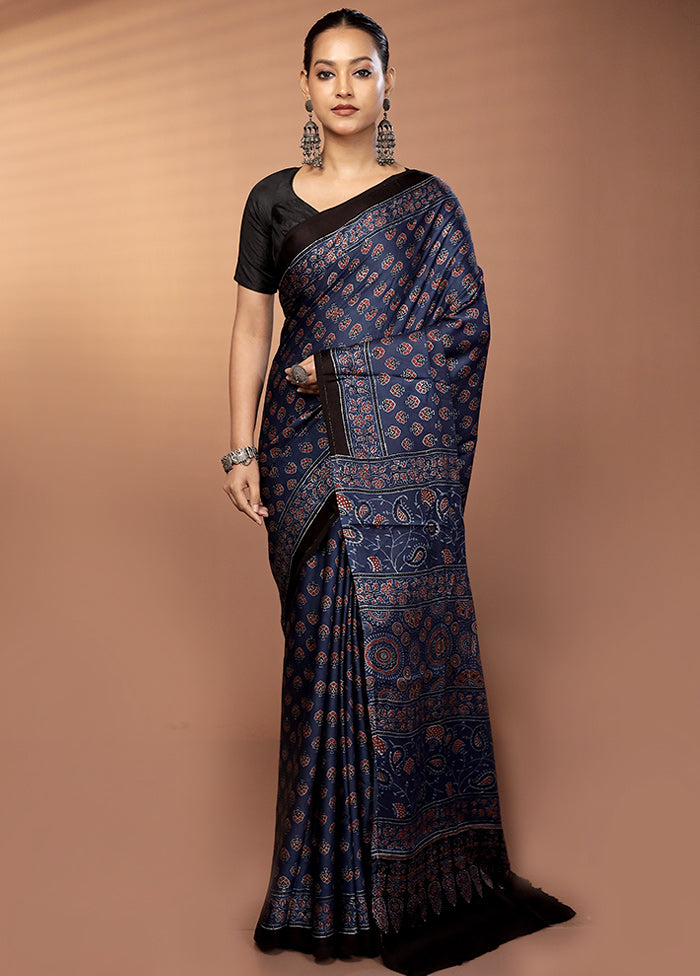 Blue Printed Pure Silk Saree Without Blouse Piece