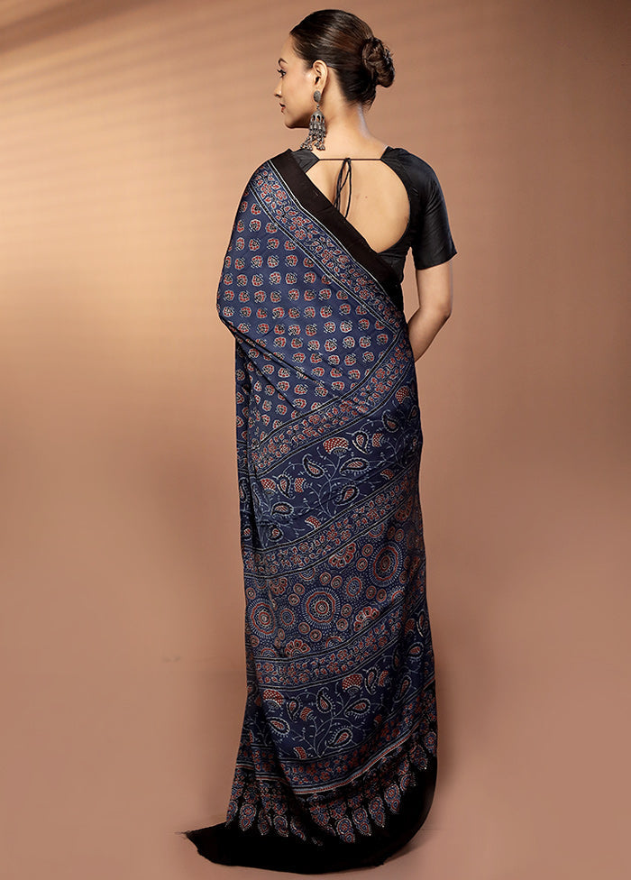 Blue Printed Pure Silk Saree Without Blouse Piece