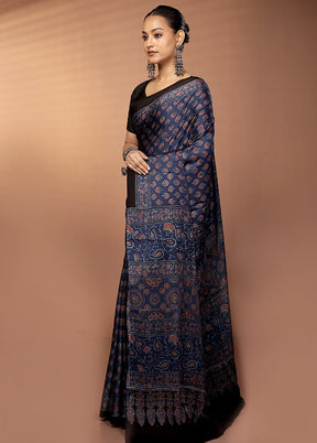 Blue Printed Pure Silk Saree Without Blouse Piece