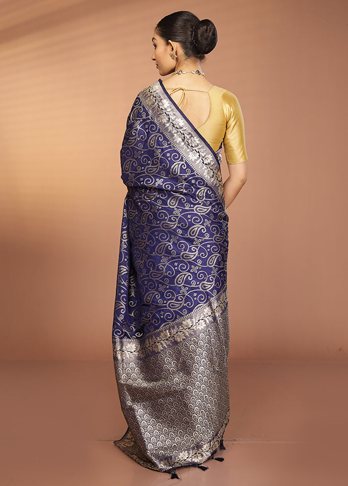 Blue Dupion Silk Saree With Blouse Piece