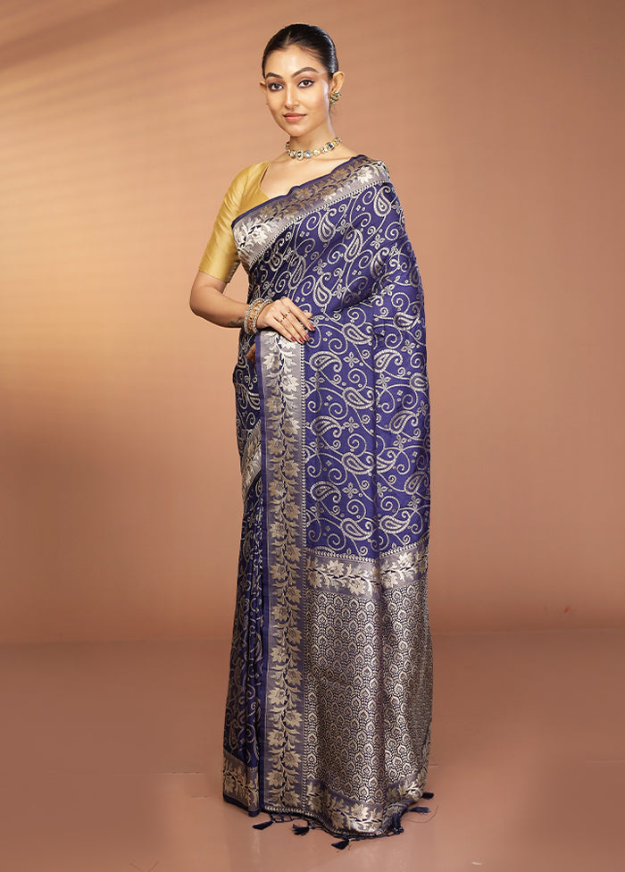 Blue Dupion Silk Saree With Blouse Piece