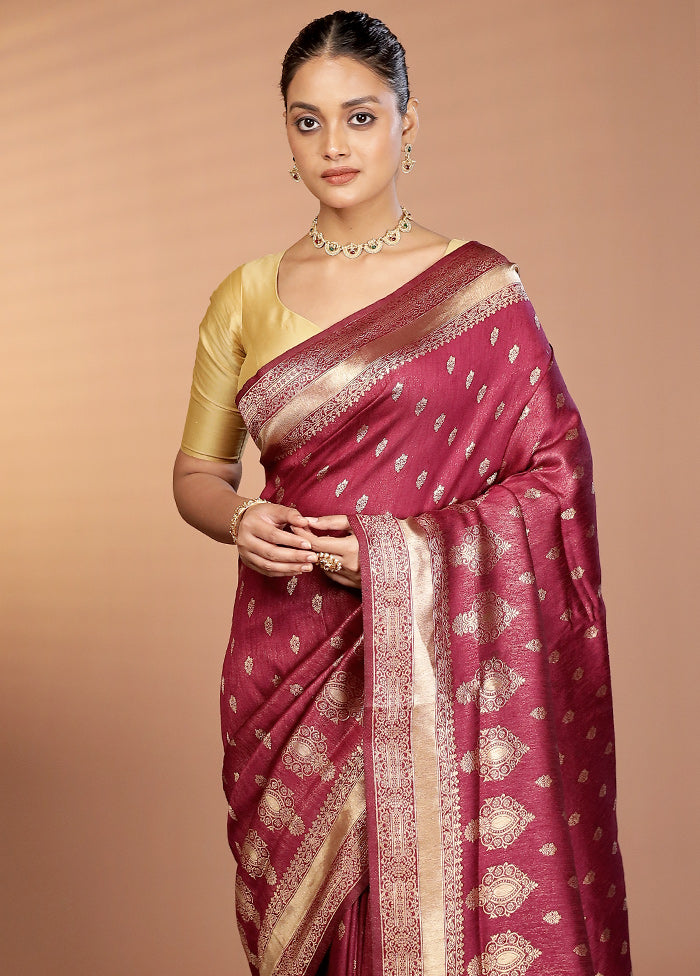 Maroon Dupion Silk Saree With Blouse Piece