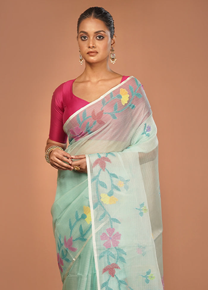 Blue Handloom Matka Pure Silk Saree With Blouse Piece