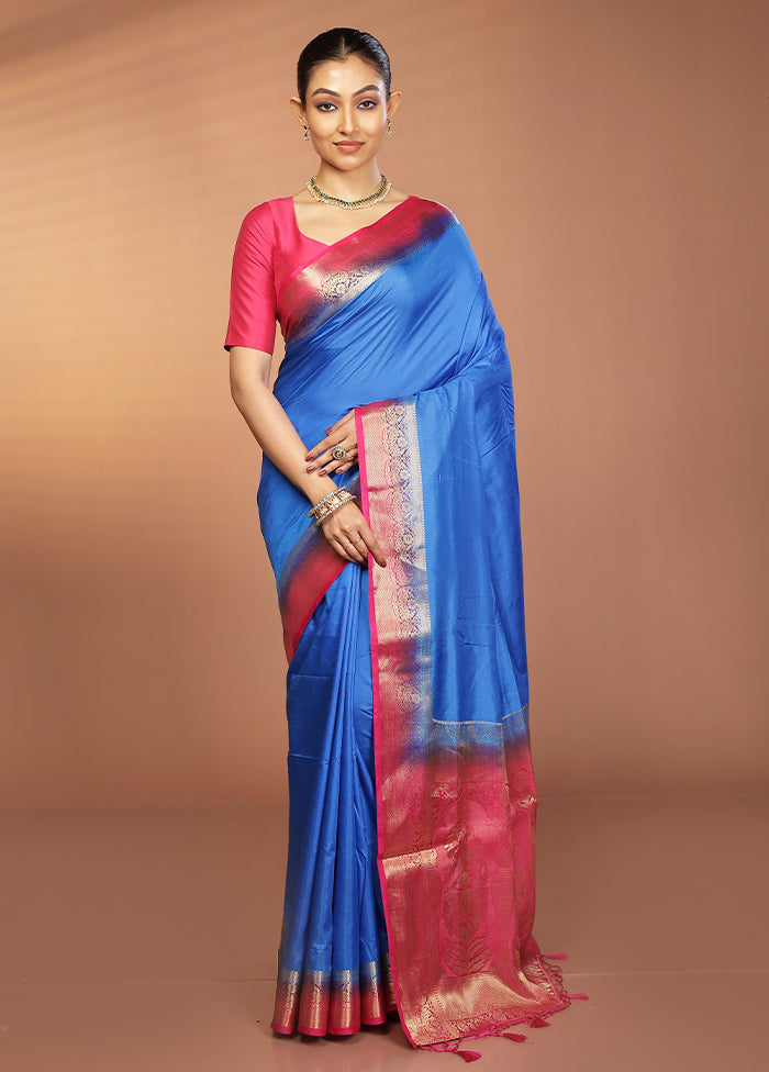 Blue Dupion Silk Saree With Blouse Piece