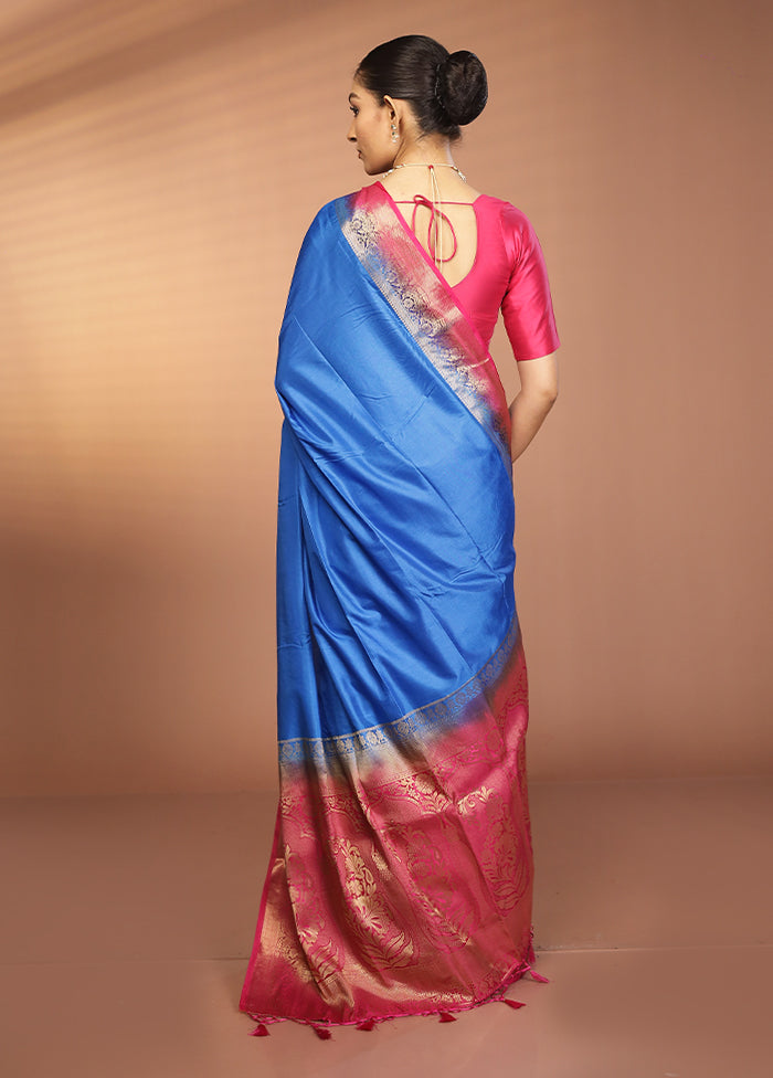Blue Dupion Silk Saree With Blouse Piece