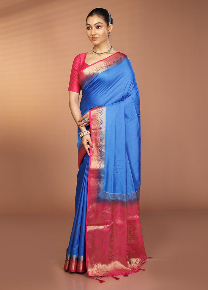 Blue Dupion Silk Saree With Blouse Piece