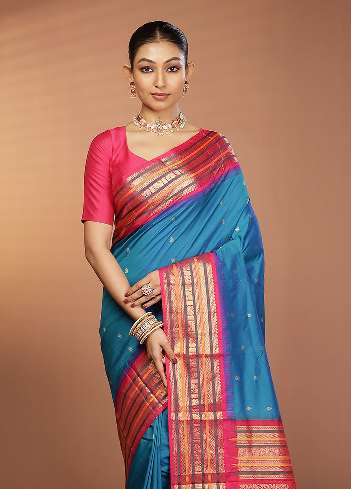 Blue Kanjivaram Silk Saree With Blouse Piece