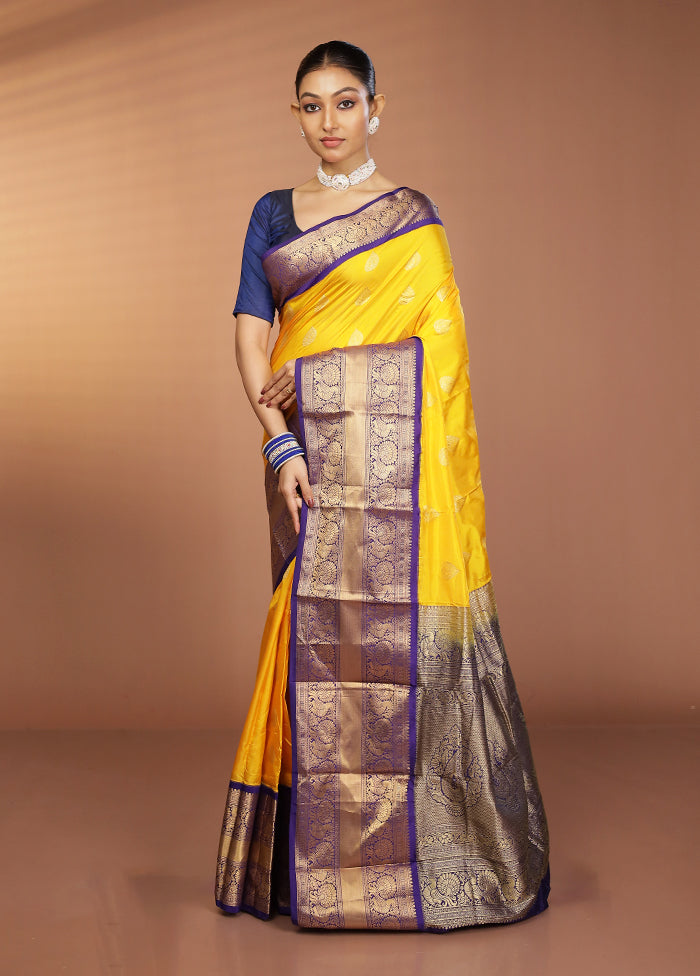 Yellow Handloom Kanjivaram Pure Silk Saree With Blouse Piece