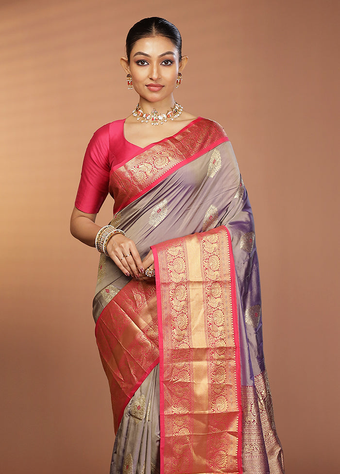 Grey Handloom Kanjivaram Pure Silk Saree With Blouse Piece