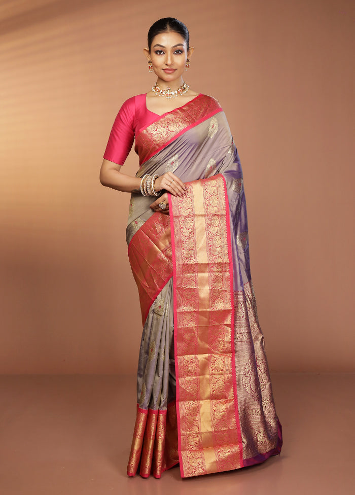 Grey Handloom Kanjivaram Pure Silk Saree With Blouse Piece