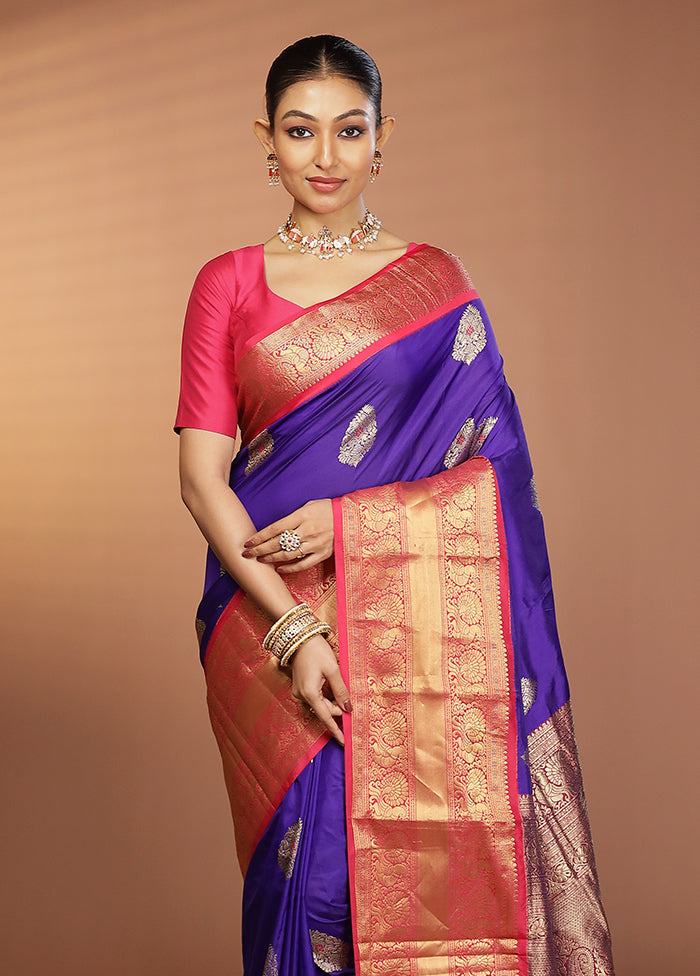 Blue Handloom Kanjivaram Pure Silk Saree With Blouse Piece