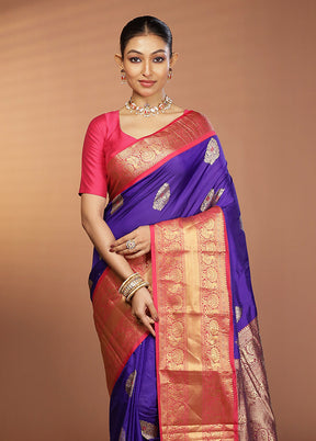 Blue Handloom Kanjivaram Pure Silk Saree With Blouse Piece