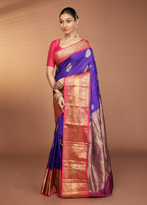 Blue Handloom Kanjivaram Pure Silk Saree With Blouse Piece