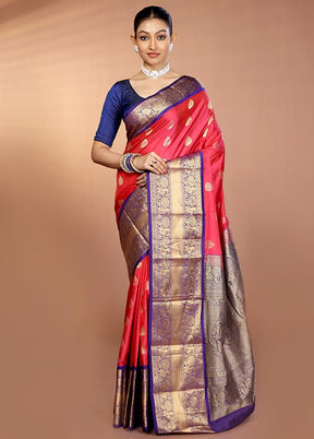 Pink Handloom Kanjivaram Pure Silk Saree With Blouse Piece