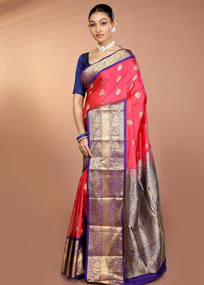 Pink Handloom Kanjivaram Pure Silk Saree With Blouse Piece