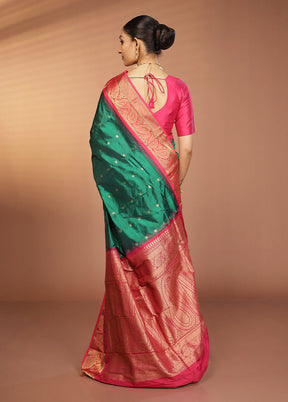 Green Handloom Kanjivaram Pure Silk Saree With Blouse Piece