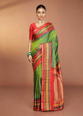 Green Handloom Kanjivaram Pure Silk Saree With Blouse Piece