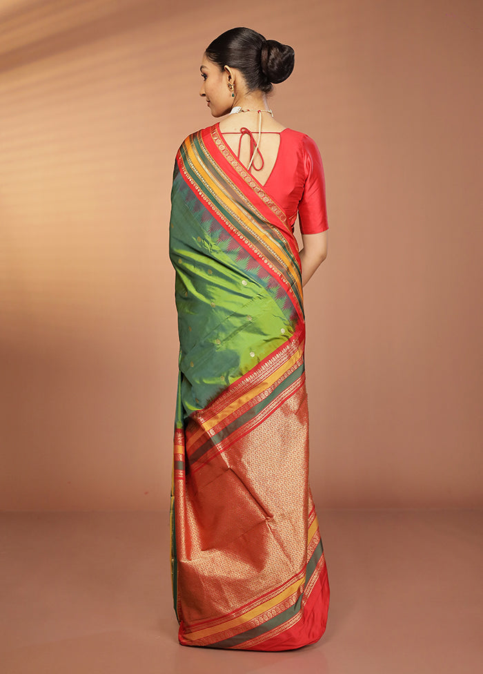 Green Handloom Kanjivaram Pure Silk Saree With Blouse Piece