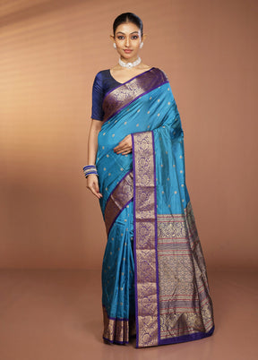 Blue Handloom Kanjivaram Pure Silk Saree With Blouse Piece