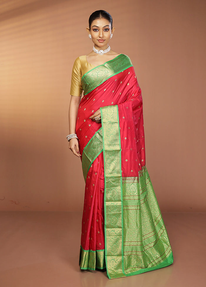 Pink Handloom Kanjivaram Pure Silk Saree With Blouse Piece