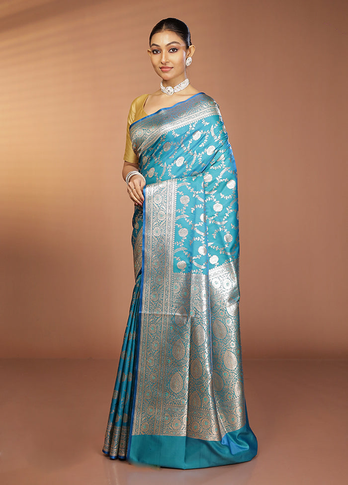 Blue Banarasi Silk Saree With Blouse Piece