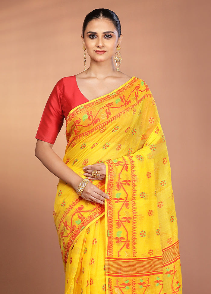 Yellow Tant Jamdani Saree Without Blouse Piece
