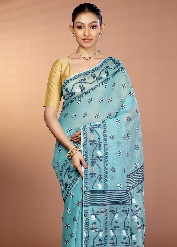 Blue Tant Jamdani Saree Without Blouse Piece