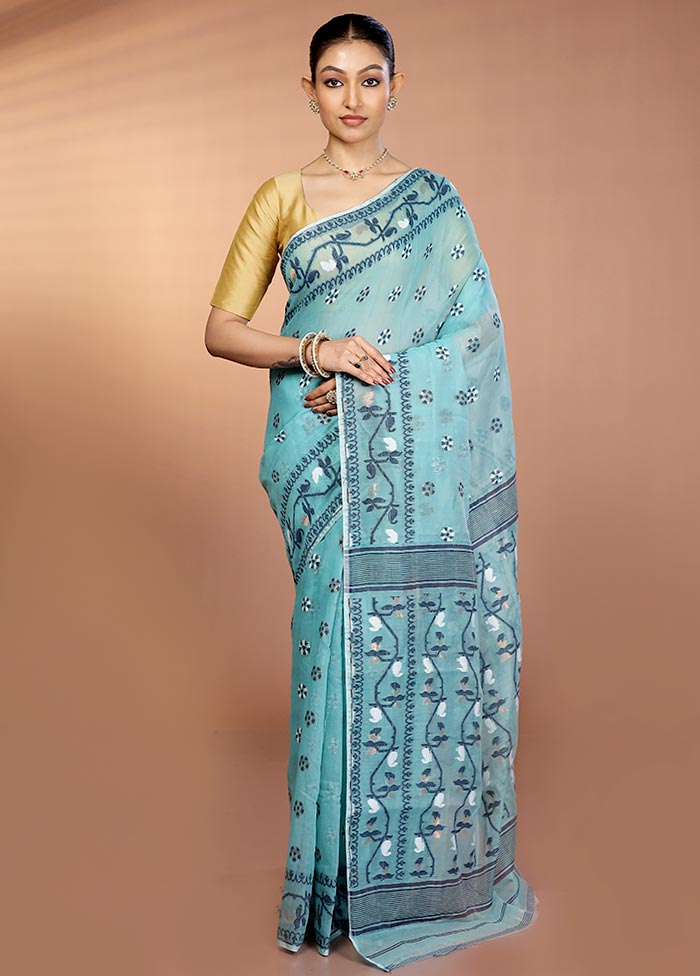 Blue Tant Jamdani Saree Without Blouse Piece