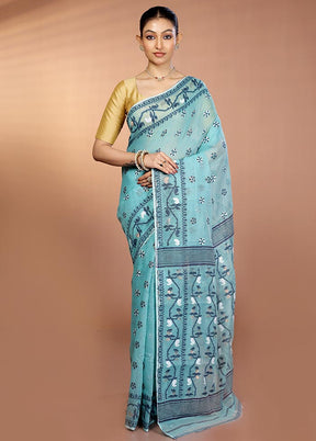 Blue Tant Jamdani Saree Without Blouse Piece