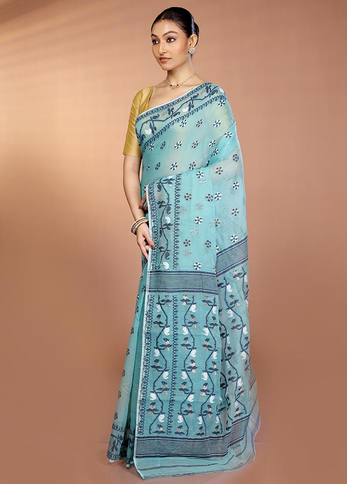 Blue Tant Jamdani Saree Without Blouse Piece