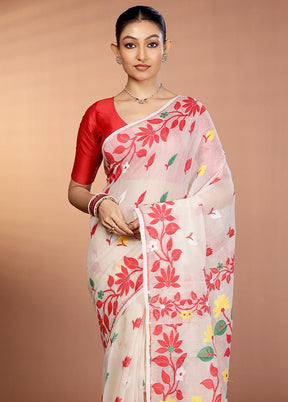 Cream Tant Jamdani Saree Without Blouse Piece