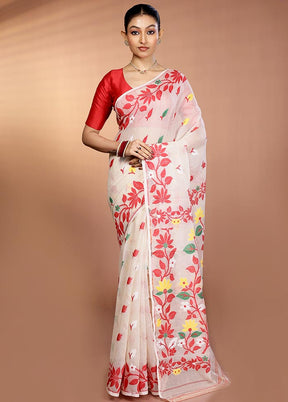 Cream Tant Jamdani Saree Without Blouse Piece