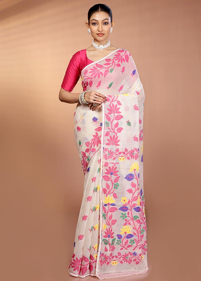 Cream Tant Jamdani Saree Without Blouse Piece