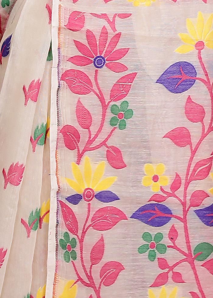 Cream Tant Jamdani Saree Without Blouse Piece