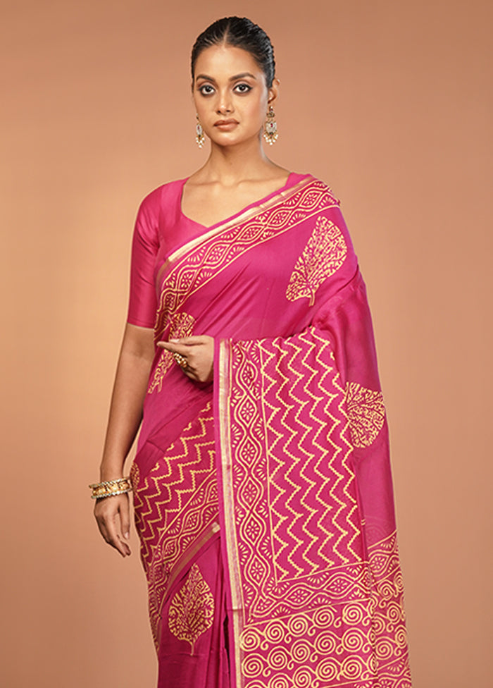 Pink Chanderi Silk Saree With Blouse Piece