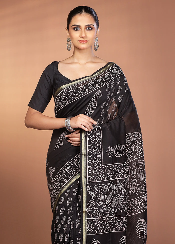 Black Chanderi Silk Saree With Blouse Piece