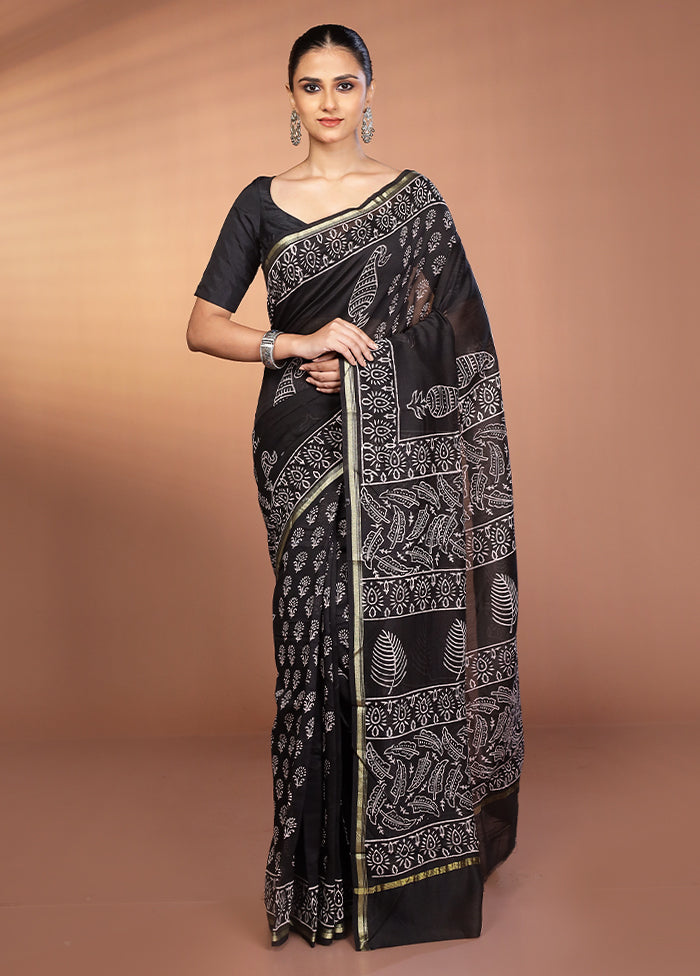 Black Chanderi Silk Saree With Blouse Piece
