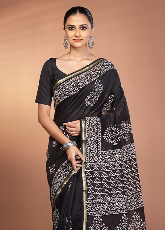 Black Chanderi Silk Saree With Blouse Piece