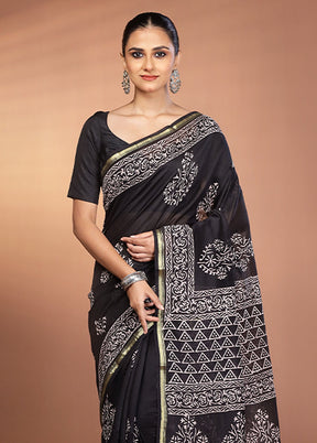 Black Chanderi Silk Saree With Blouse Piece