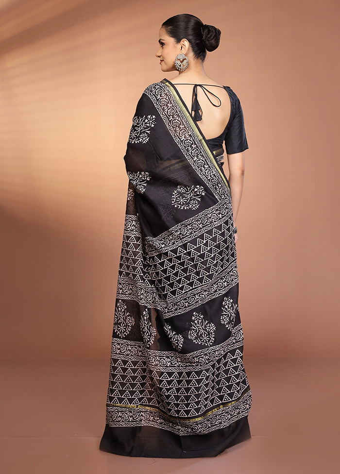 Black Chanderi Silk Saree With Blouse Piece