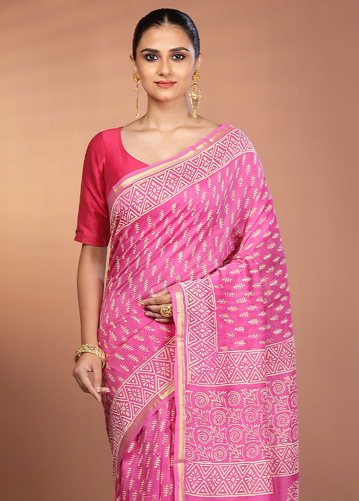 Pink Chanderi Silk Saree With Blouse Piece