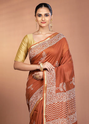Rust Chanderi Silk Saree With Blouse Piece