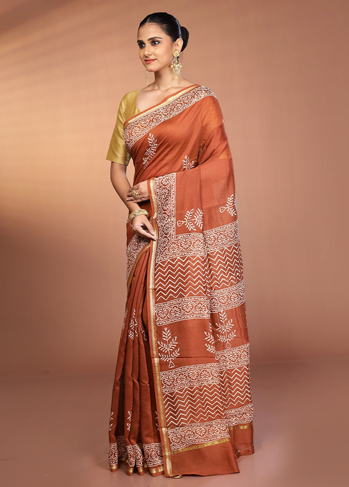 Rust Chanderi Silk Saree With Blouse Piece