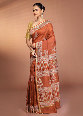 Rust Chanderi Silk Saree With Blouse Piece