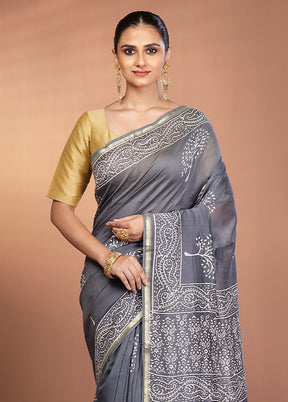 Grey Chanderi Silk Saree With Blouse Piece